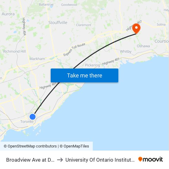 Broadview Ave at Danforth Ave to University Of Ontario Institute Of Technology map