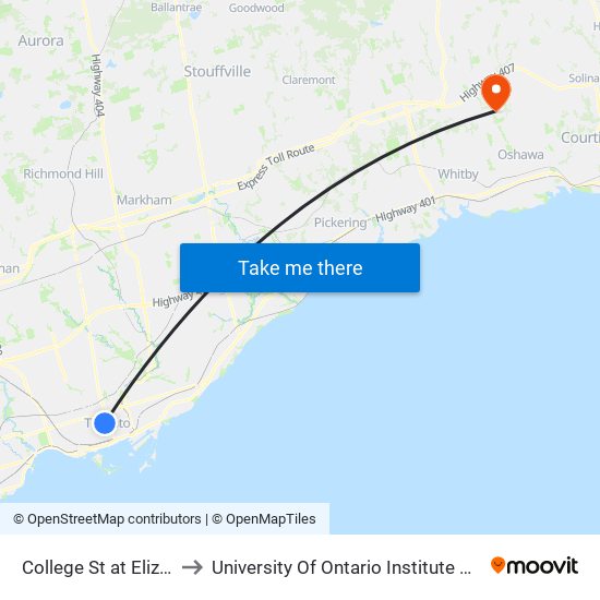 College St at Elizabeth St to University Of Ontario Institute Of Technology map