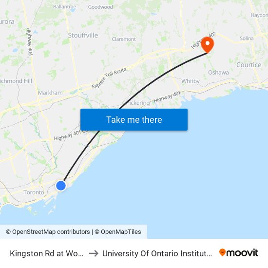 Kingston Rd at Woodbine Ave to University Of Ontario Institute Of Technology map