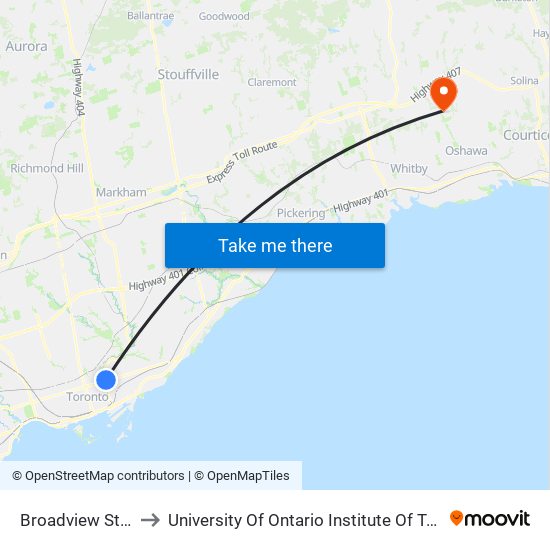 Broadview Station to University Of Ontario Institute Of Technology map