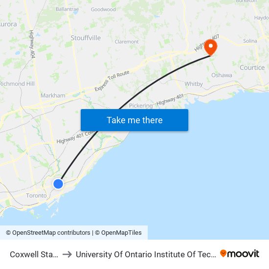 Coxwell Station to University Of Ontario Institute Of Technology map