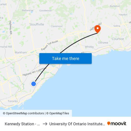 Kennedy Station - Platform A to University Of Ontario Institute Of Technology map