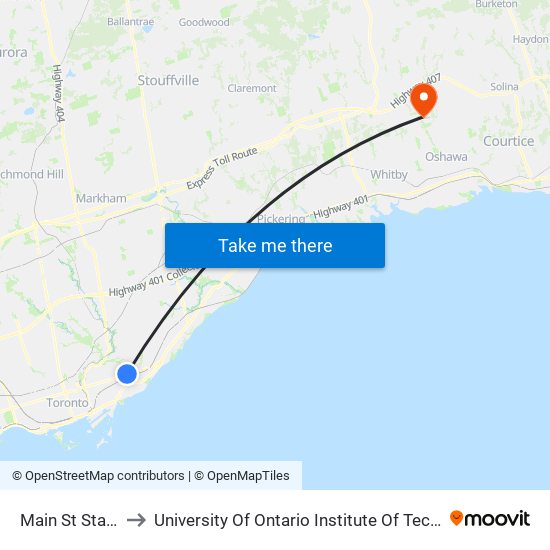 Main St Station to University Of Ontario Institute Of Technology map