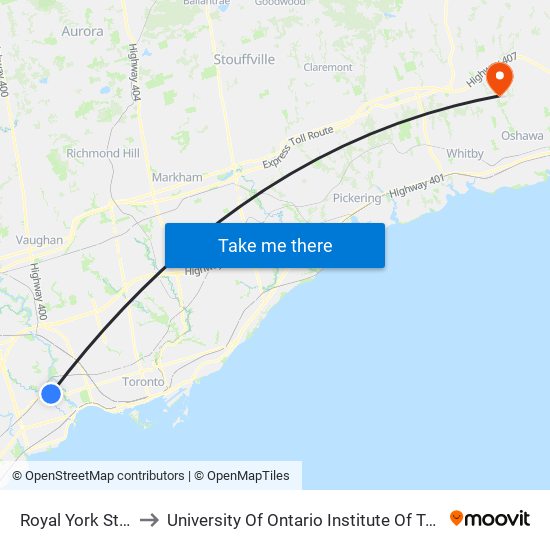 Royal York Station to University Of Ontario Institute Of Technology map