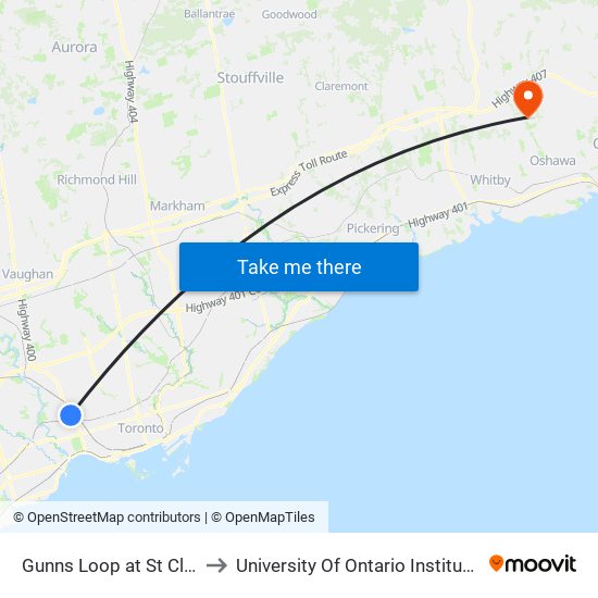 Gunns Loop at St Clair Ave West to University Of Ontario Institute Of Technology map