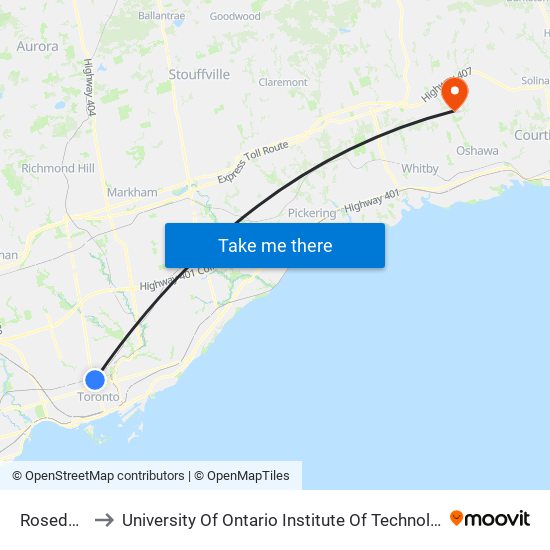 Rosedale to University Of Ontario Institute Of Technology map