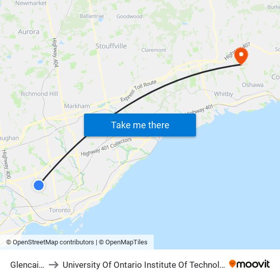 Glencairn to University Of Ontario Institute Of Technology map