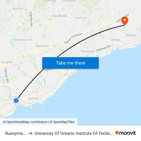 Runnymede to University Of Ontario Institute Of Technology map