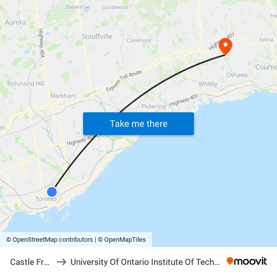 Castle Frank to University Of Ontario Institute Of Technology map