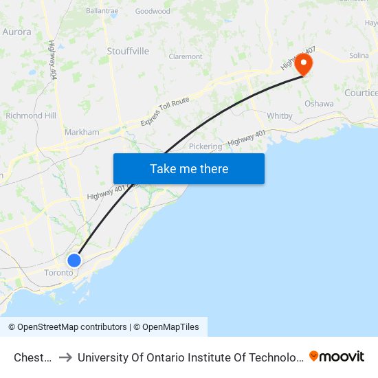 Chester to University Of Ontario Institute Of Technology map