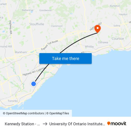 Kennedy Station - Platform B to University Of Ontario Institute Of Technology map