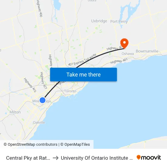 Central Pky at Rathburn Rd to University Of Ontario Institute Of Technology map
