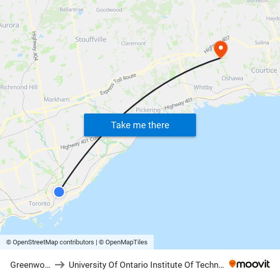 Greenwood to University Of Ontario Institute Of Technology map