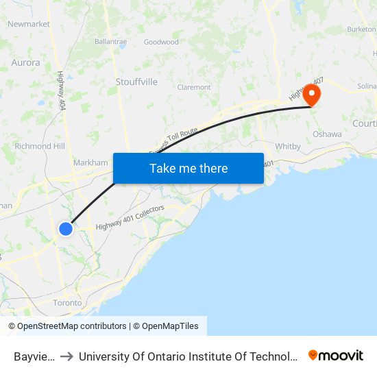 Bayview to University Of Ontario Institute Of Technology map