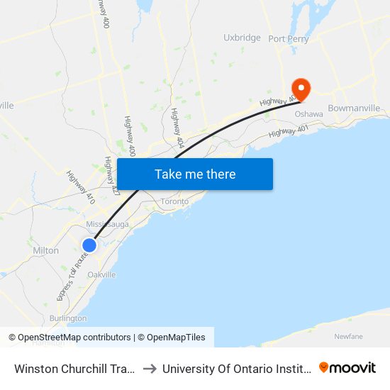 Winston Churchill Transitway Station to University Of Ontario Institute Of Technology map