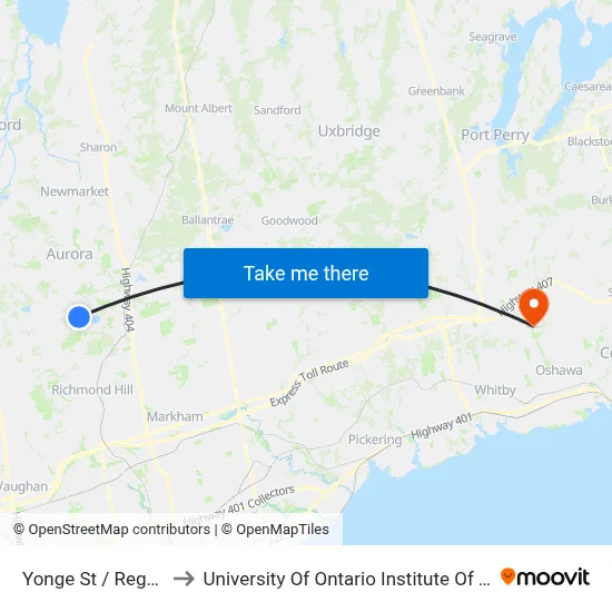 Yonge St / Regatta Av to University Of Ontario Institute Of Technology map