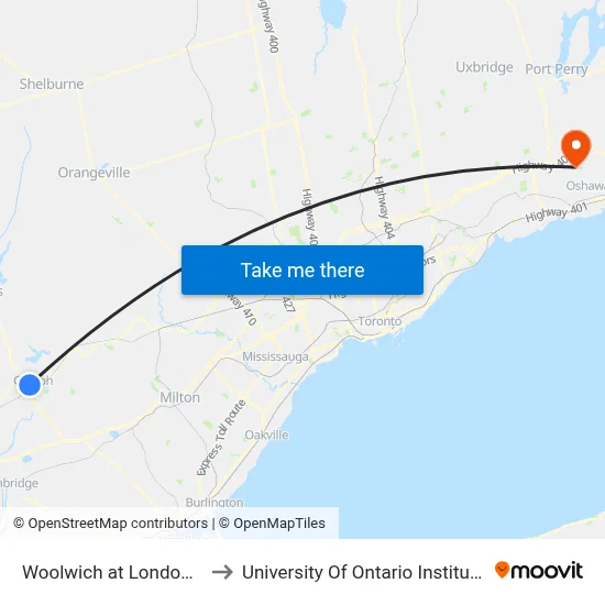 Woolwich at London Northbound to University Of Ontario Institute Of Technology map