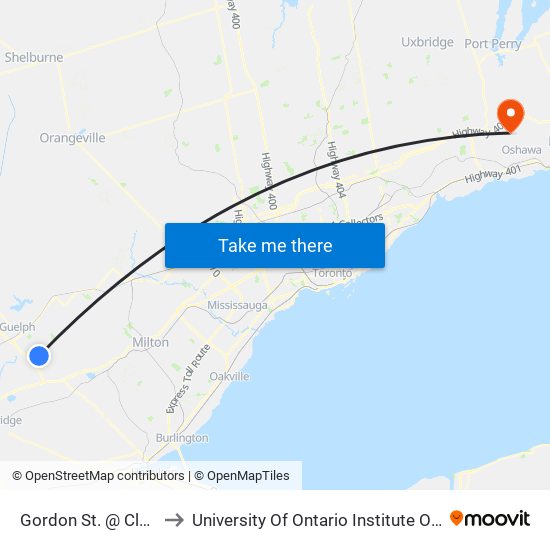 Gordon St. @ Clair Rd. E. to University Of Ontario Institute Of Technology map