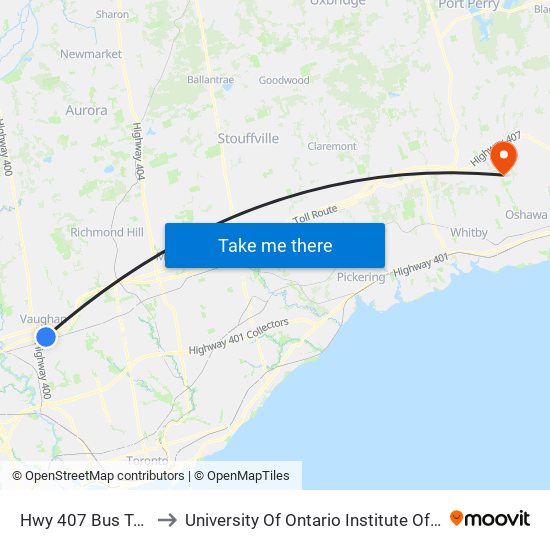 Hwy 407 Bus Terminal to University Of Ontario Institute Of Technology map