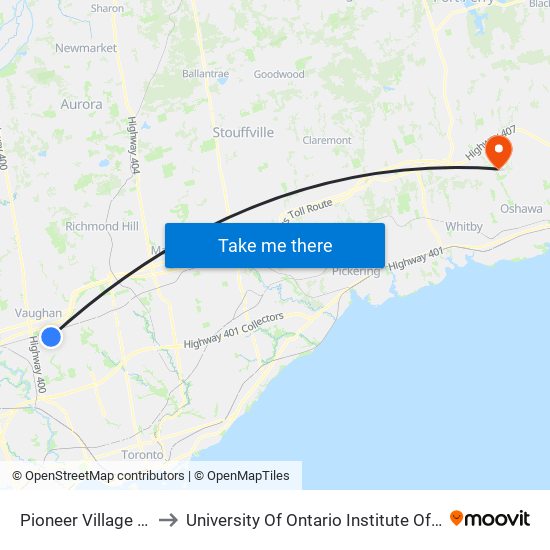 Pioneer Village Station to University Of Ontario Institute Of Technology map