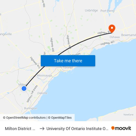 Milton District Hospital to University Of Ontario Institute Of Technology map