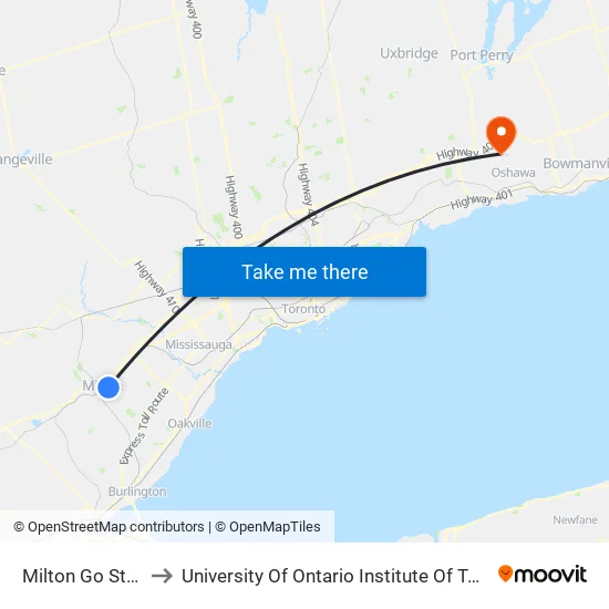 Milton Go Station to University Of Ontario Institute Of Technology map