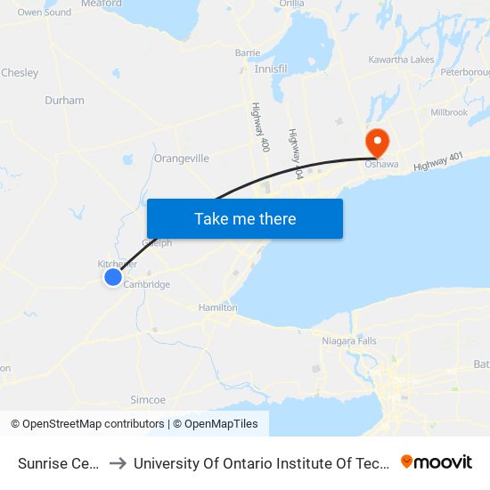 Sunrise Centre to University Of Ontario Institute Of Technology map