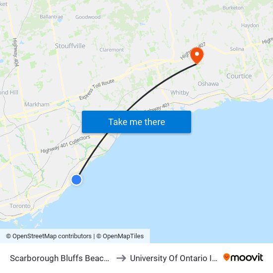 Scarborough Bluffs Beach Loop at Bluffers Park Rd to University Of Ontario Institute Of Technology map