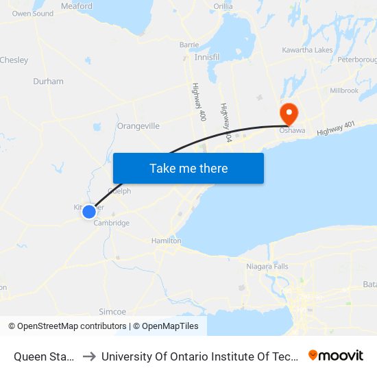 Queen Station to University Of Ontario Institute Of Technology map