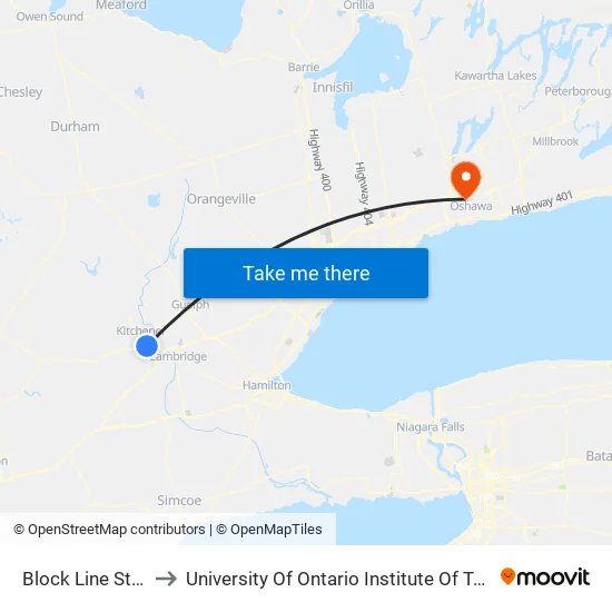 Block Line Station to University Of Ontario Institute Of Technology map