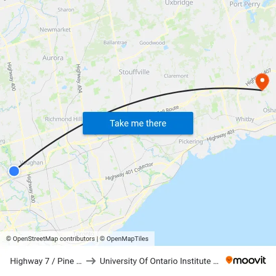 Highway 7 / Pine Valley Dr to University Of Ontario Institute Of Technology map
