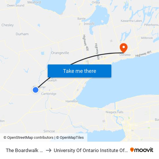 The Boardwalk Station to University Of Ontario Institute Of Technology map