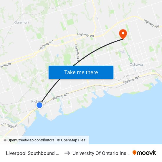 Liverpool Southbound @ Pickering Parkway to University Of Ontario Institute Of Technology map