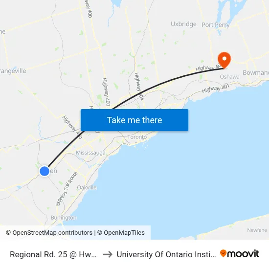 Regional Rd. 25 @ Hwy. 401 Park & Ride to University Of Ontario Institute Of Technology map