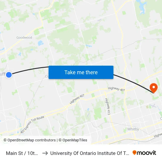 Main St / 10th Line to University Of Ontario Institute Of Technology map