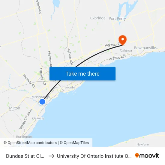 Dundas St at Clayhill Rd to University Of Ontario Institute Of Technology map