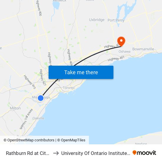 Rathburn Rd at City Centre Dr to University Of Ontario Institute Of Technology map