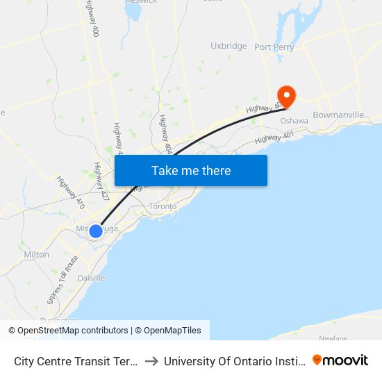 City Centre Transit Terminal Platform K to University Of Ontario Institute Of Technology map