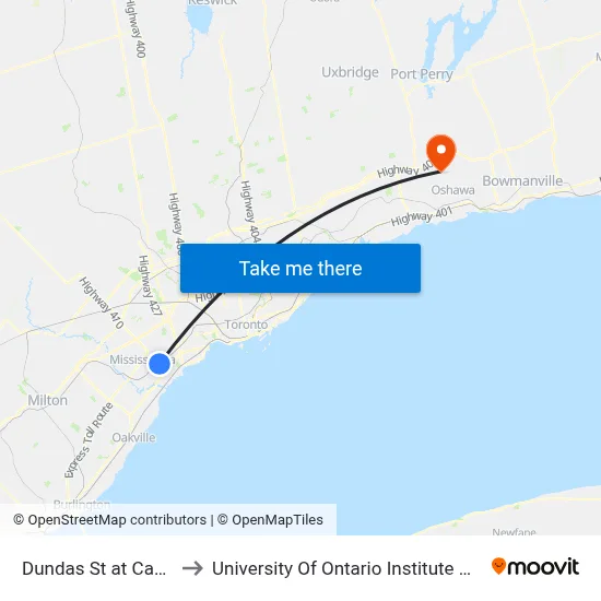 Dundas St at Cawthra Rd to University Of Ontario Institute Of Technology map
