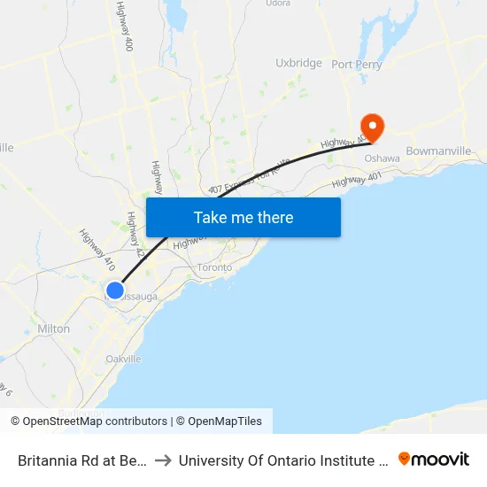 Britannia Rd at Belgrave Rd to University Of Ontario Institute Of Technology map