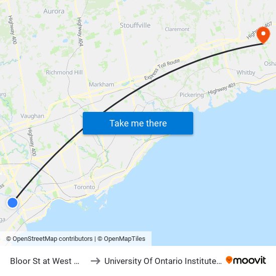 Bloor St at West Markland Dr to University Of Ontario Institute Of Technology map