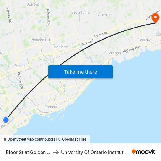 Bloor St at Golden Orchard Dr to University Of Ontario Institute Of Technology map