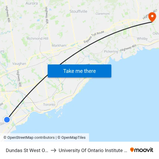 Dundas St West Of Dixie Rd to University Of Ontario Institute Of Technology map
