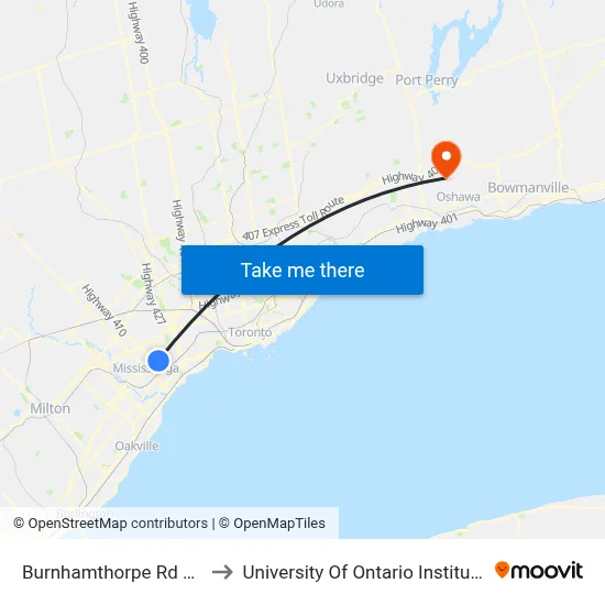 Burnhamthorpe Rd at Tomken Rd to University Of Ontario Institute Of Technology map