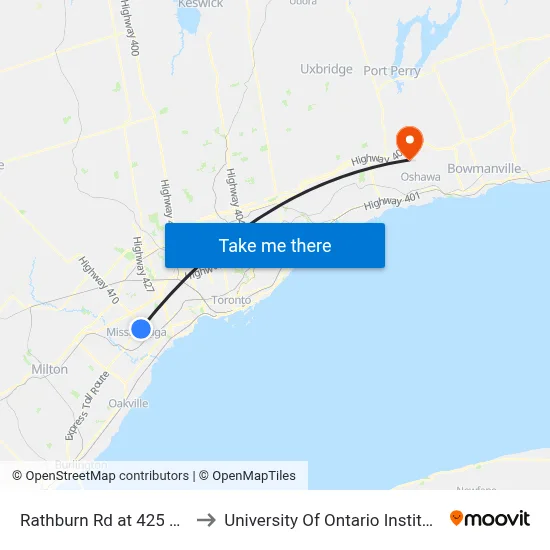 Rathburn Rd at 425 Meadows Blvd to University Of Ontario Institute Of Technology map