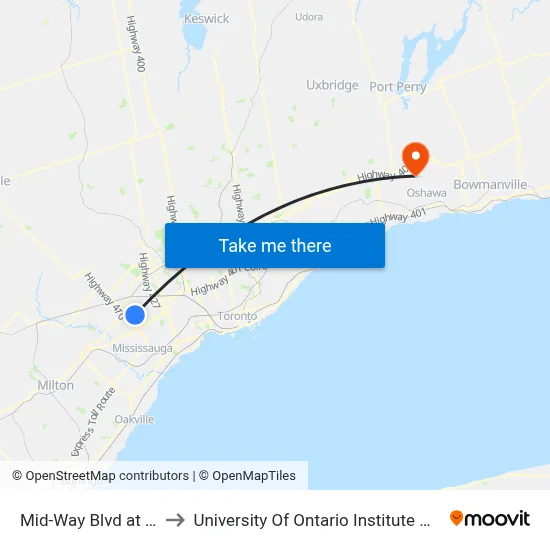 Mid-Way Blvd at Dixie Rd to University Of Ontario Institute Of Technology map