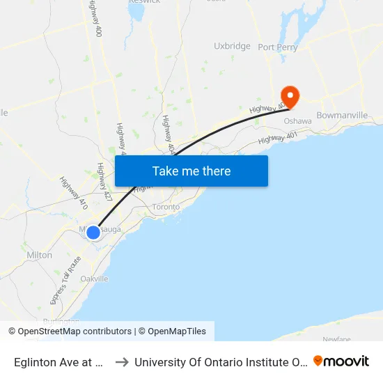 Eglinton Ave at Mavis Rd to University Of Ontario Institute Of Technology map
