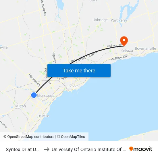 Syntex Dr at Derry Rd to University Of Ontario Institute Of Technology map