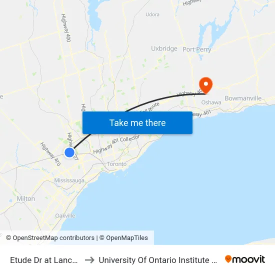 Etude Dr at Lancaster Ave to University Of Ontario Institute Of Technology map