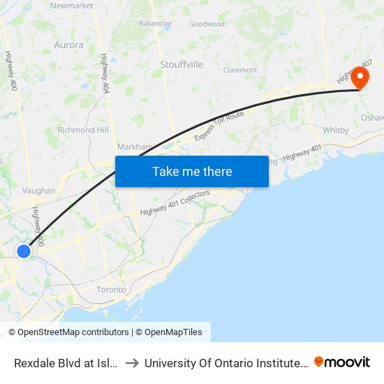 Rexdale Blvd at Islington Ave to University Of Ontario Institute Of Technology map